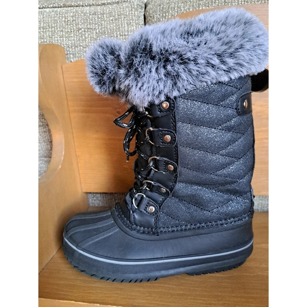 London Fog Kids Winter Black Waterproof Boots Lace-up Quilted Faux Fur Cuff 1.0